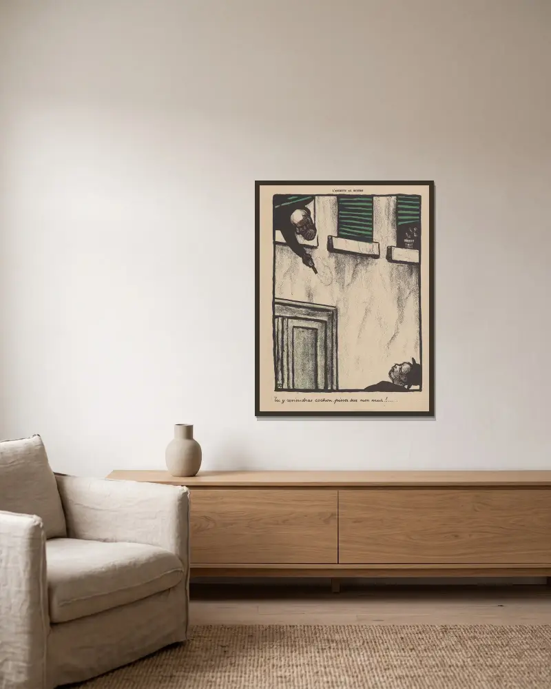 Tu y reviendras cochon, pisser sur mon mur! av Félix Vallotton inramad på en vägg