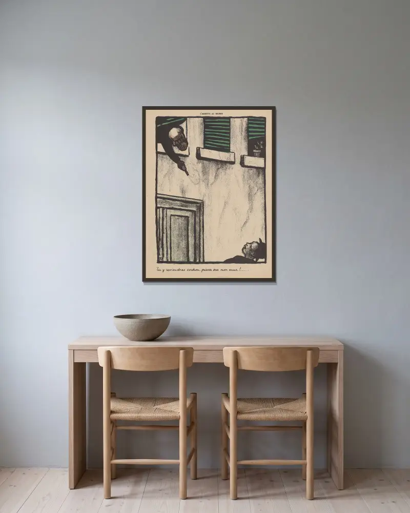 Tu y reviendras cochon, pisser sur mon mur! av Félix Vallotton inramad på en vägg