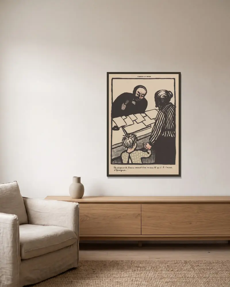 Vos cinquante francs seront bien mieux là qu’à la Caisse d’Epargne av Félix Vallotton inramad på en vägg