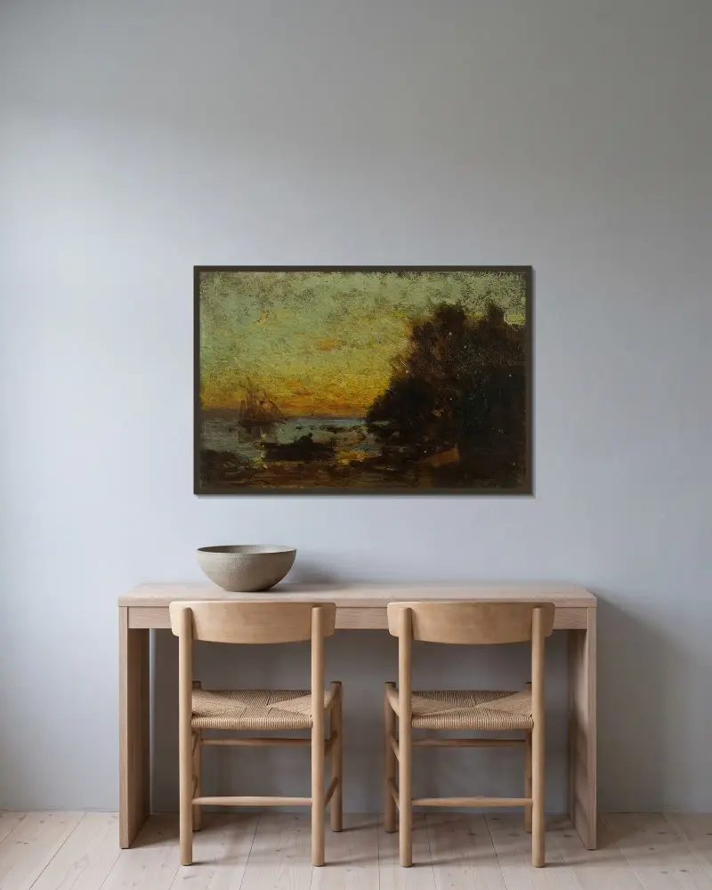 Bark och segelbåtar, solnedgång av Félix Ziem inramad på en vägg