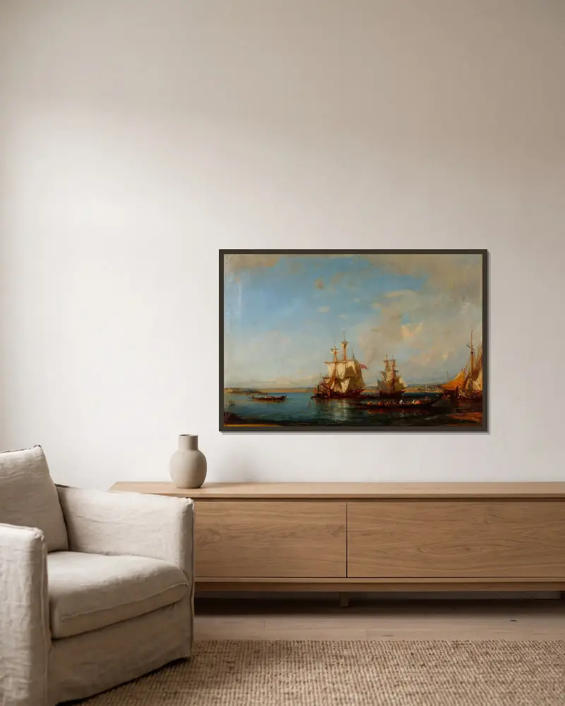 Caiques and Sailboats at the Bosphorus av Félix Ziem inramad på en vägg