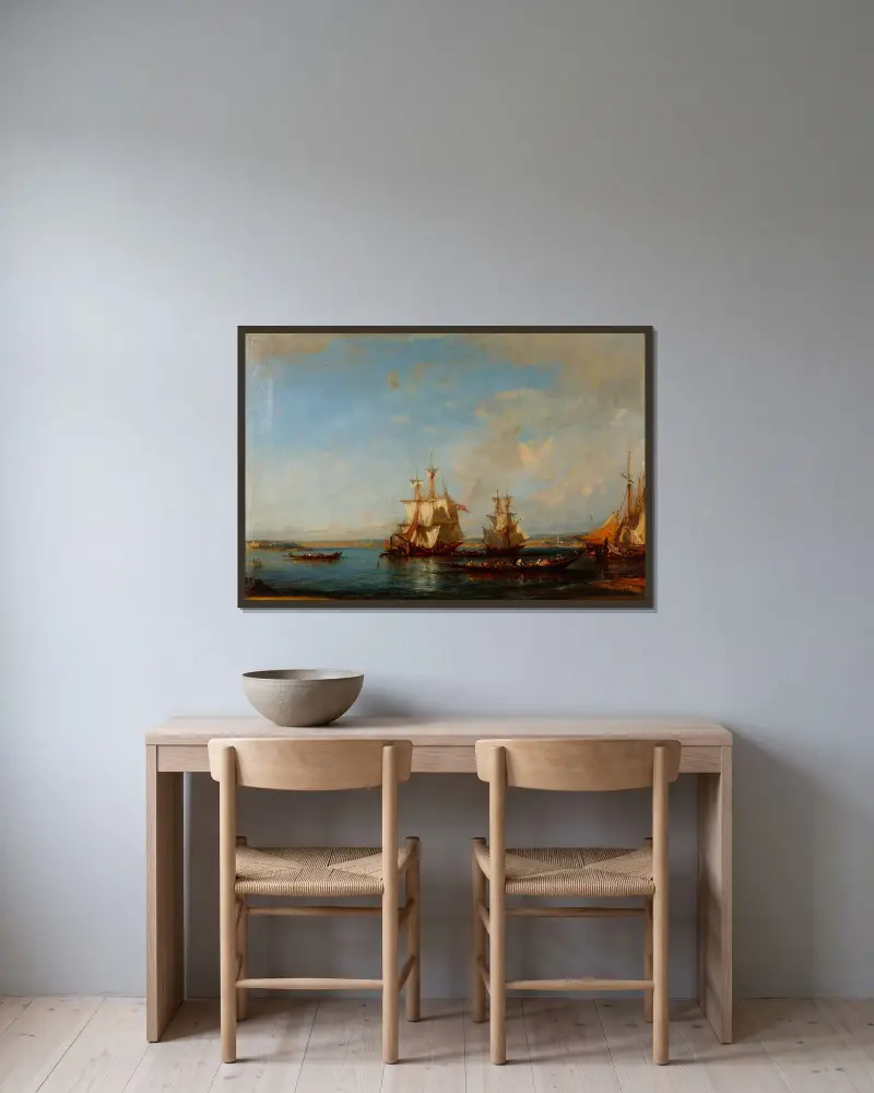 Caiques and Sailboats at the Bosphorus av Félix Ziem inramad på en vägg