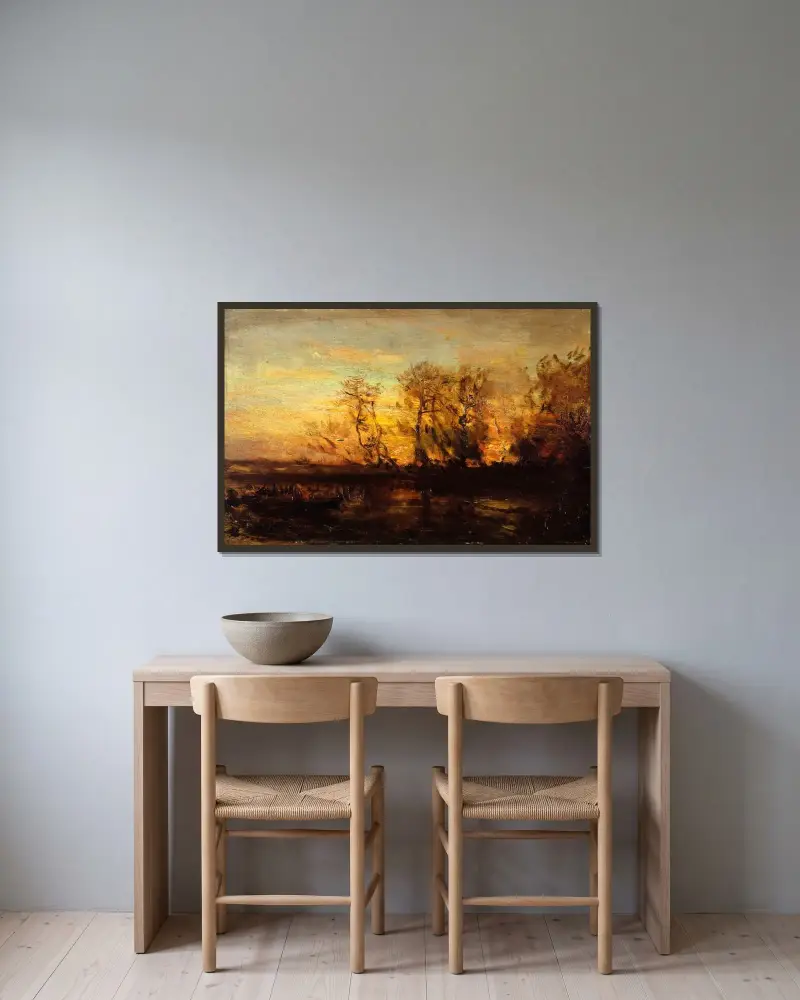 Solnedgång av Félix Ziem inramad på en vägg