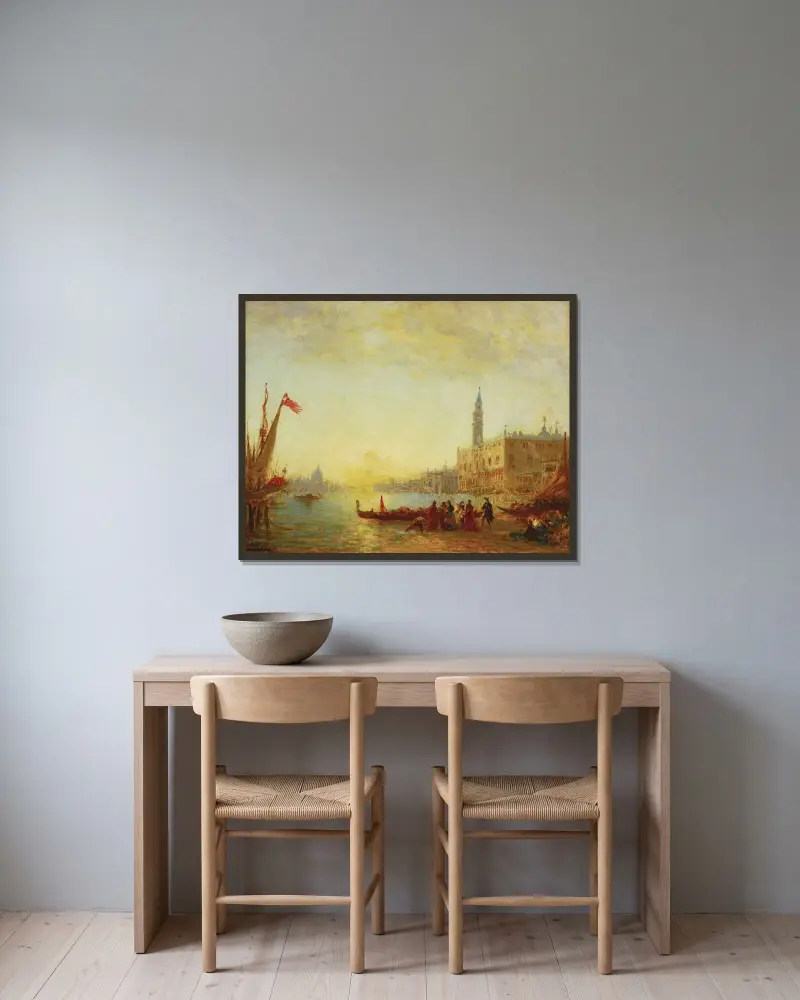 Skeppning på Quai des Esclavons under en översvämning av Félix Ziem inramad på en vägg