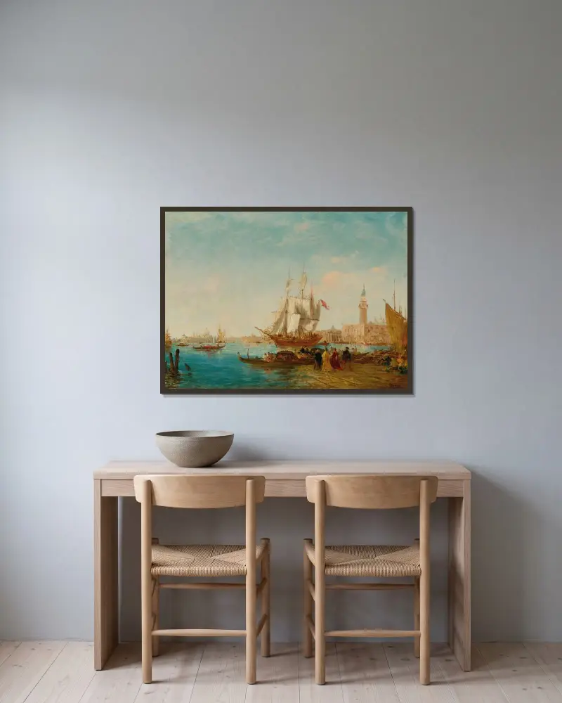Skeppning på Slavkajen av Félix Ziem inramad på en vägg