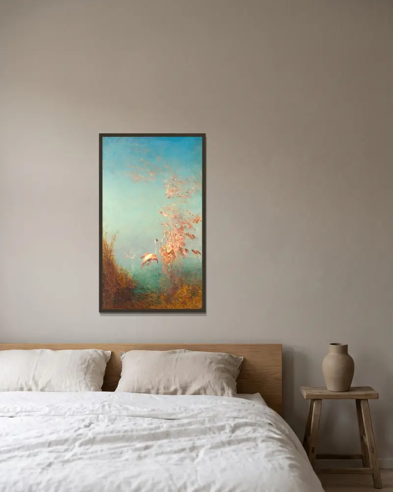 Flamingostim vid Étang de Vaccarès av Félix Ziem inramad på en vägg