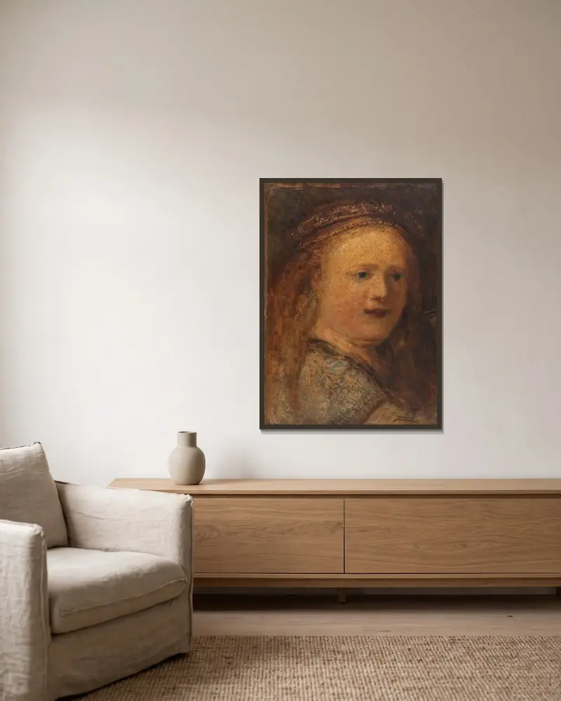 Kvinnostudie, kopia efter Rembrandt av Félix Ziem inramad på en vägg