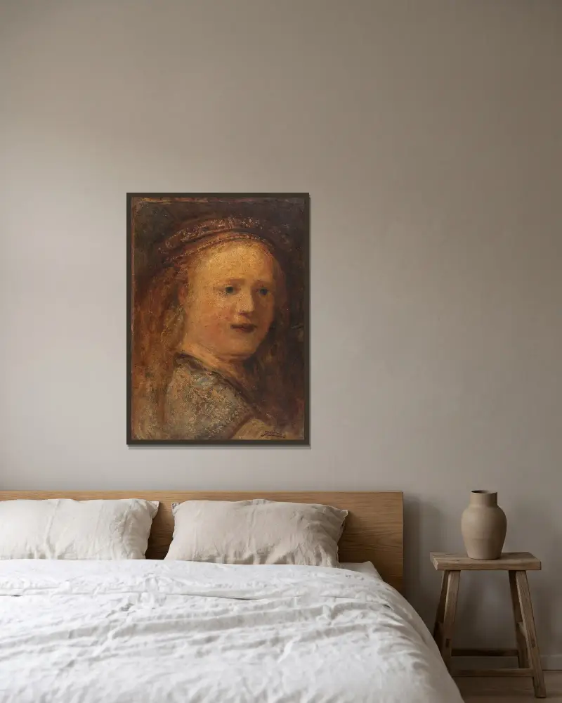 Kvinnostudie, kopia efter Rembrandt av Félix Ziem inramad på en vägg