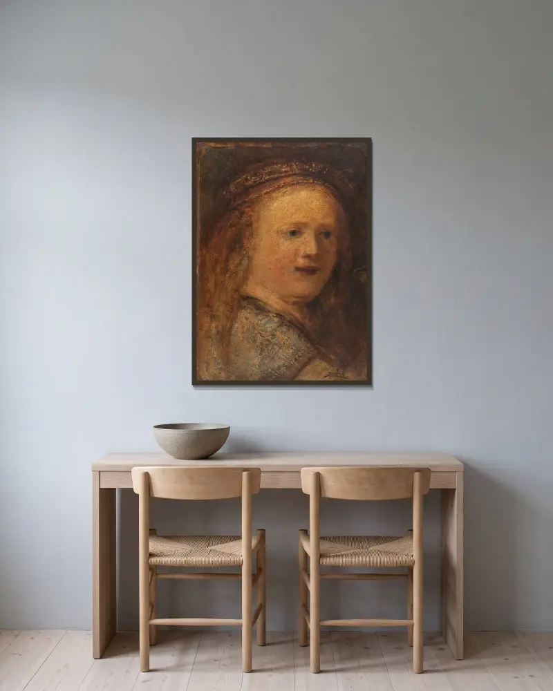 Kvinnostudie, kopia efter Rembrandt av Félix Ziem inramad på en vägg