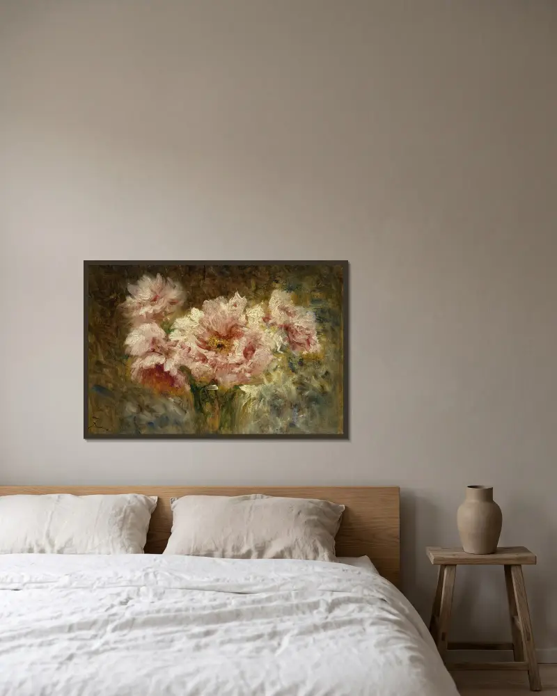 Blommor av Félix Ziem inramad på en vägg