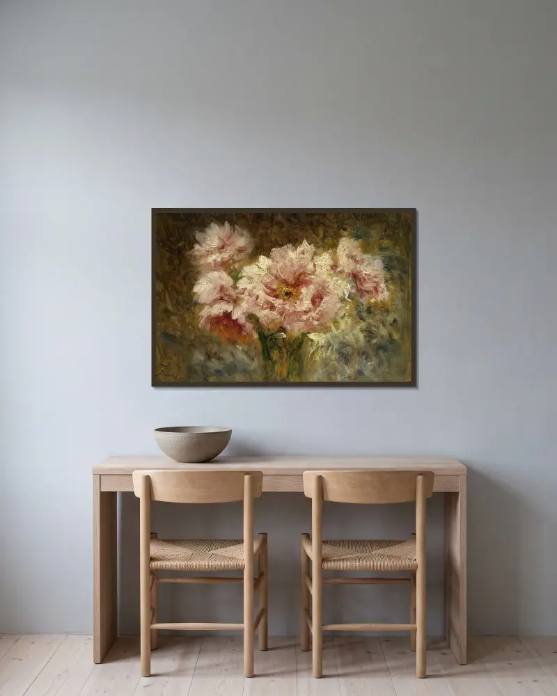 Blommor av Félix Ziem inramad på en vägg