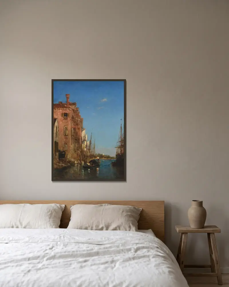 Gondol i Venedig av Félix Ziem inramad på en vägg