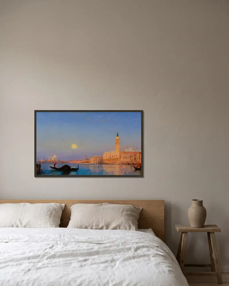Gondol framför det stora bassängfacket, Venedig av Félix Ziem inramad på en vägg