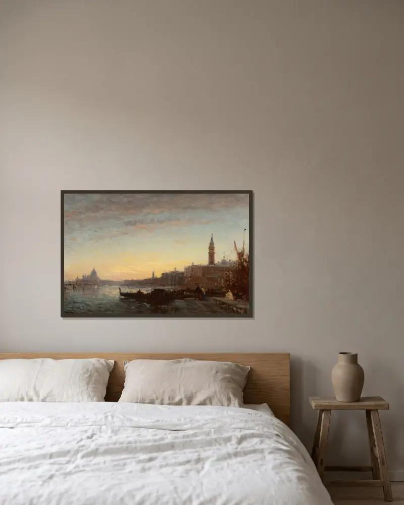 Gondoler vid Esclavons kaj, Venedig av Félix Ziem inramad på en vägg