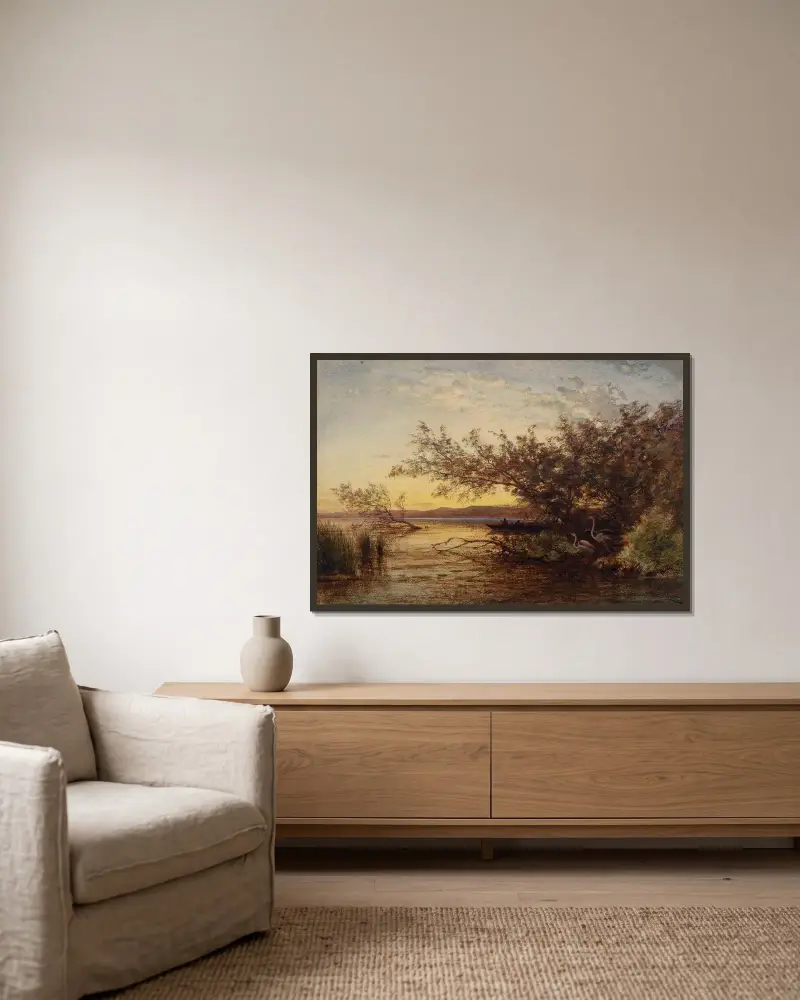 Camargue, solnedgång av Félix Ziem inramad på en vägg