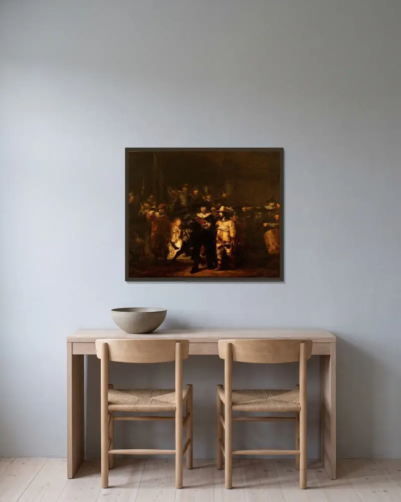 Nattvakten, efter Rembrandt av Félix Ziem inramad på en vägg