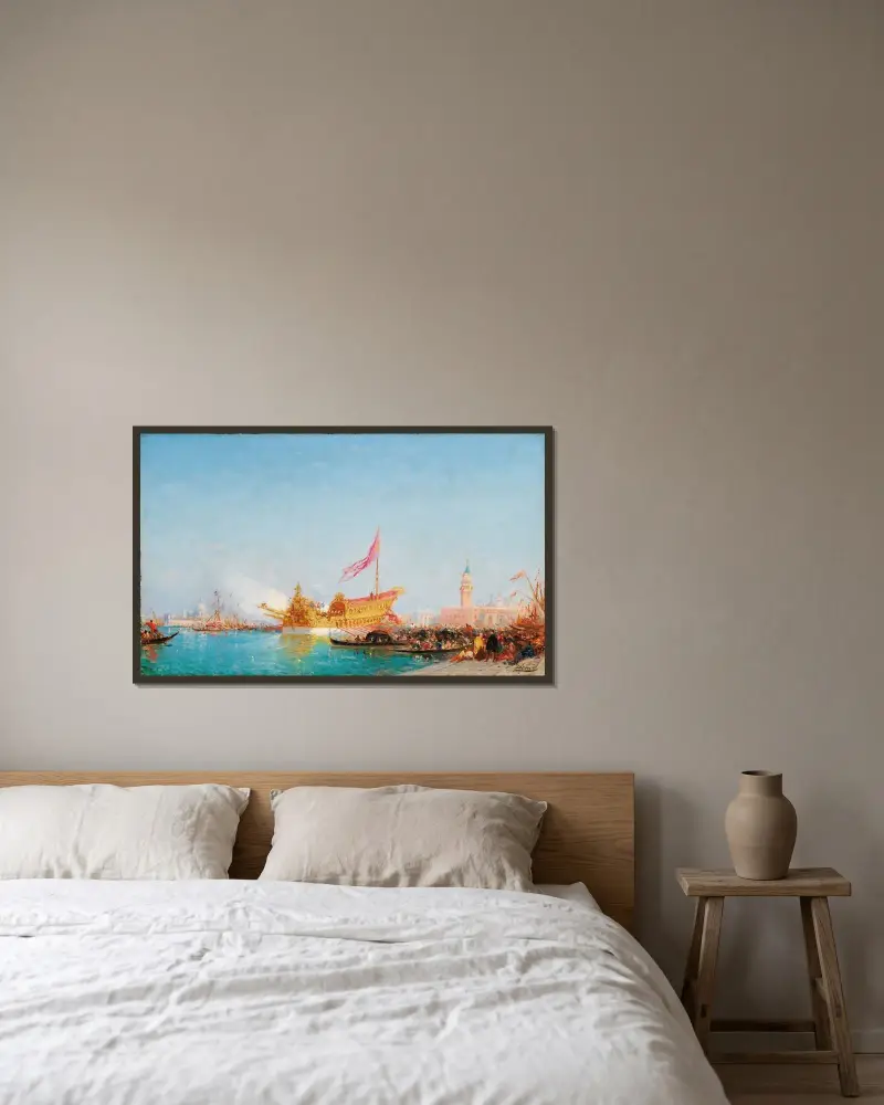 Der Bucintoro vom Quai des Esclavons aus gesehen, Venedig von Félix Ziem gerahmt an einer Wand