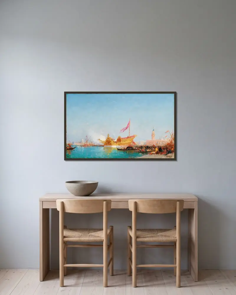 Der Bucintoro vom Quai des Esclavons aus gesehen, Venedig von Félix Ziem gerahmt an einer Wand