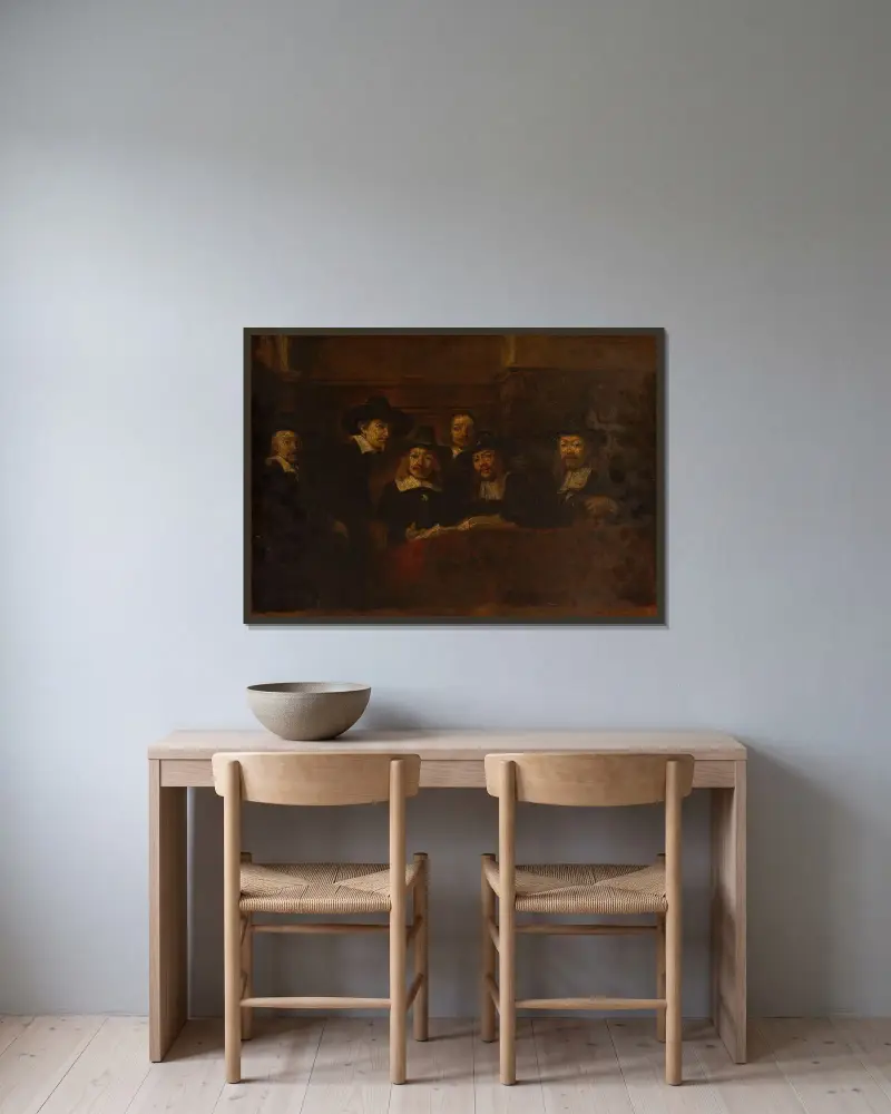 Kopior av syndikerna i klädeshandlarnas skrå efter Rembrandt av Félix Ziem inramad på en vägg