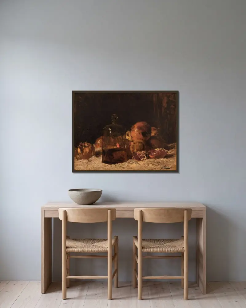 Stilleben med flaska och granatäpplen av Félix Ziem inramad på en vägg