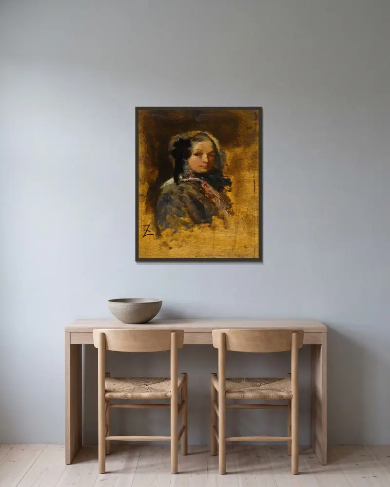 Porträtt av ung flicka av Félix Ziem inramad på en vägg