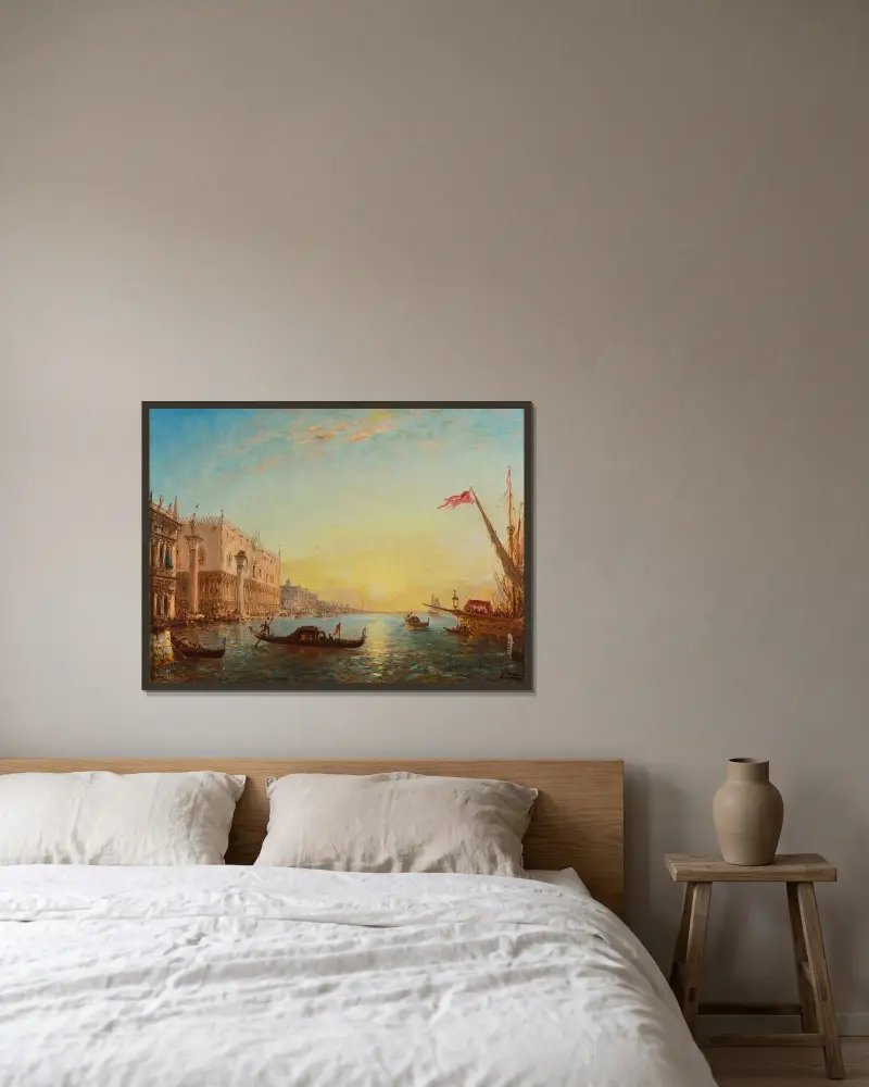 Soluppgång framför Piazzettan och Dogepalatset, Venedig av Félix Ziem inramad på en vägg