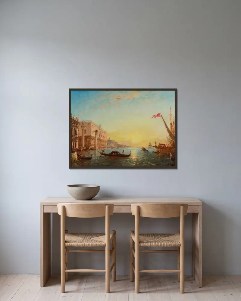 Soluppgång framför Piazzettan och Dogepalatset, Venedig av Félix Ziem inramad på en vägg