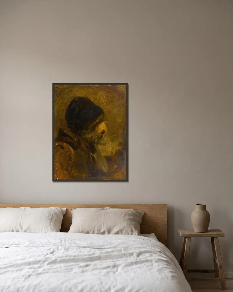 Manshuvud, efter Rembrandt av Félix Ziem inramad på en vägg