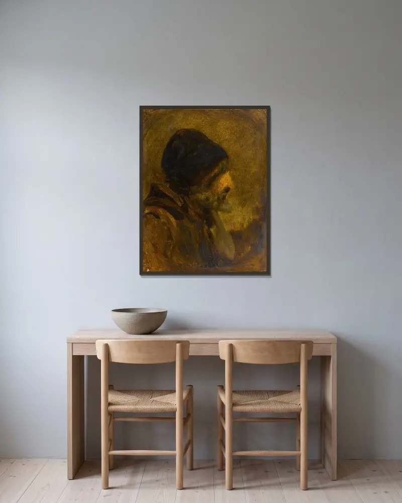 Manshuvud, efter Rembrandt av Félix Ziem inramad på en vägg