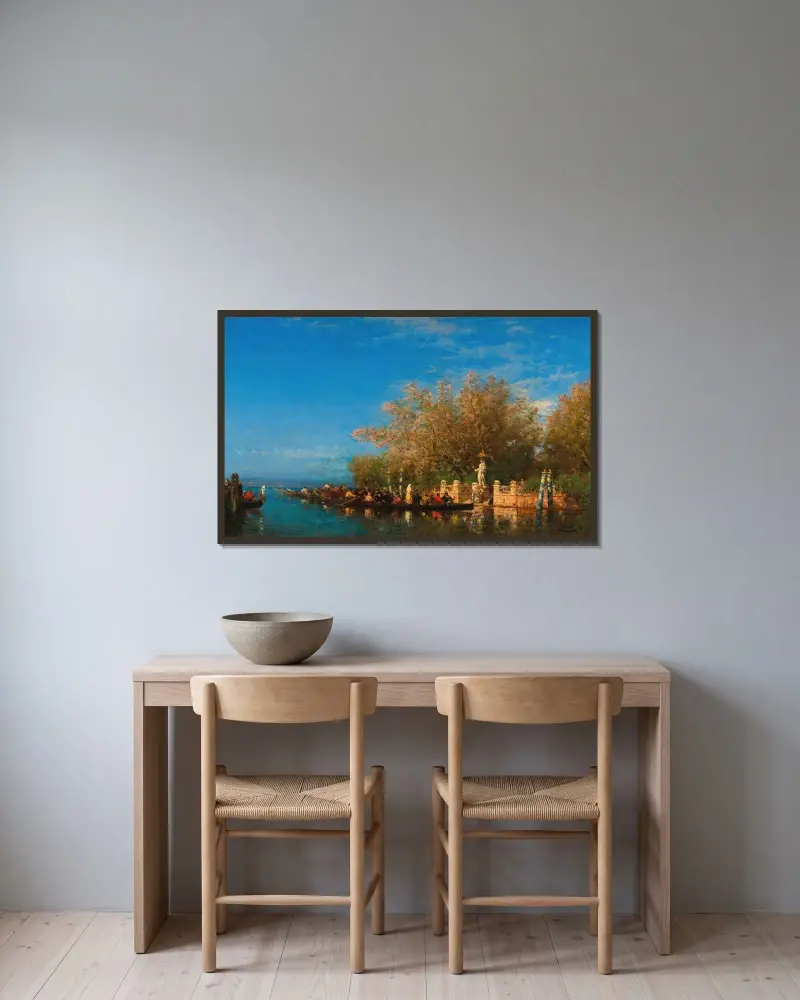Venedig, eine Gondelfahrt zur Madonna am Eingang des Jardin Français von Félix Ziem gerahmt an einer Wand