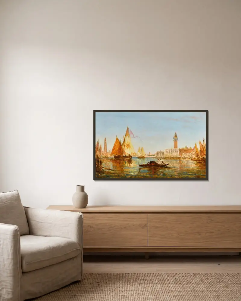 Venedig, gondol och segelbåtar framför Dogepalatset och San Giorgio Maggiore av Félix Ziem inramad på en vägg