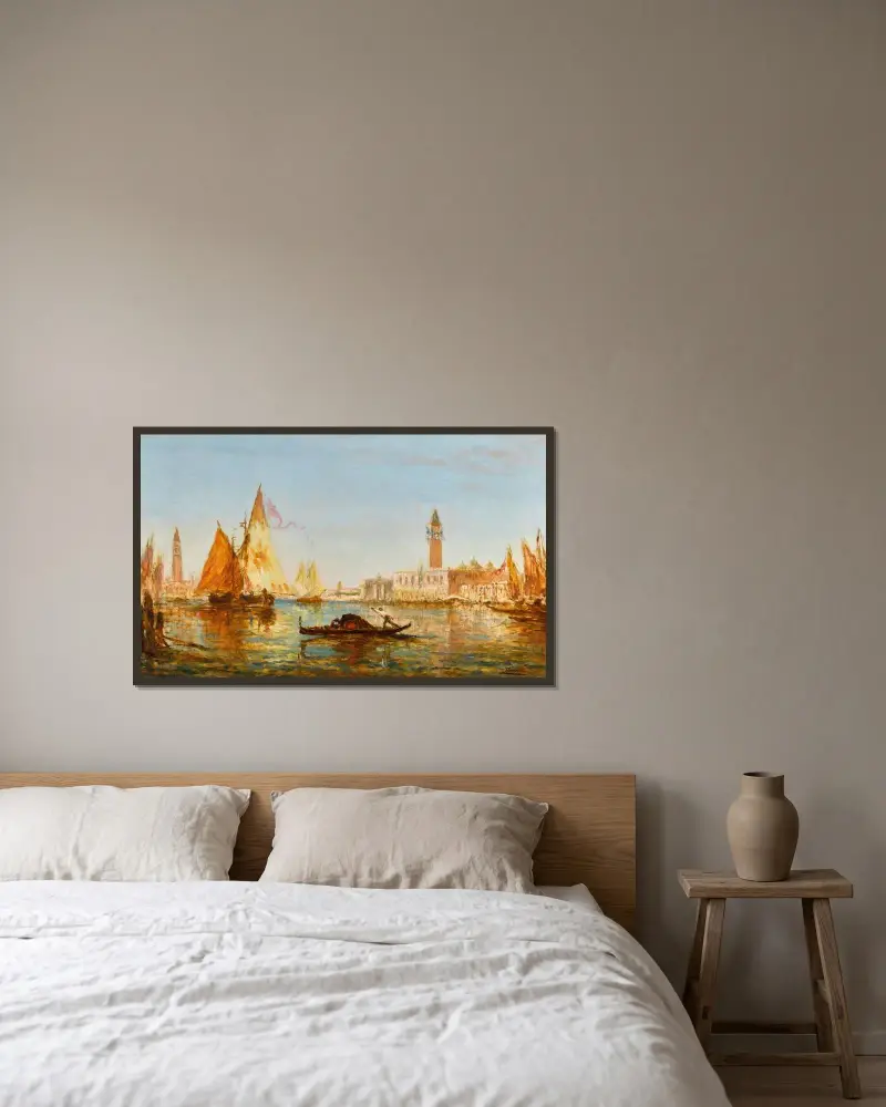 Venedig, gondol och segelbåtar framför Dogepalatset och San Giorgio Maggiore av Félix Ziem inramad på en vägg