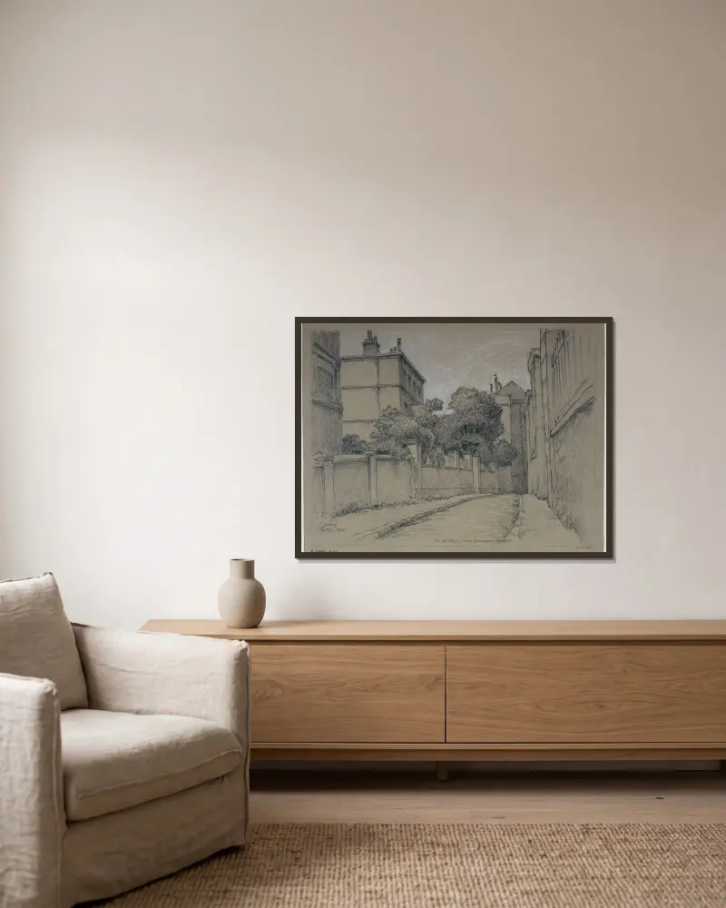 Hörnet av rue de Norvins och rue Jean-Baptiste Clément av Ferdinand Boberg inramad på en vägg