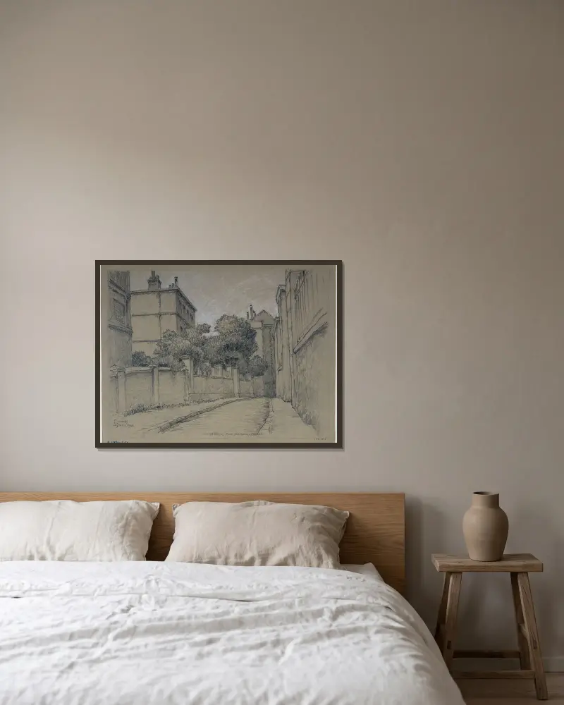 Hörnet av rue de Norvins och rue Jean-Baptiste Clément av Ferdinand Boberg inramad på en vägg