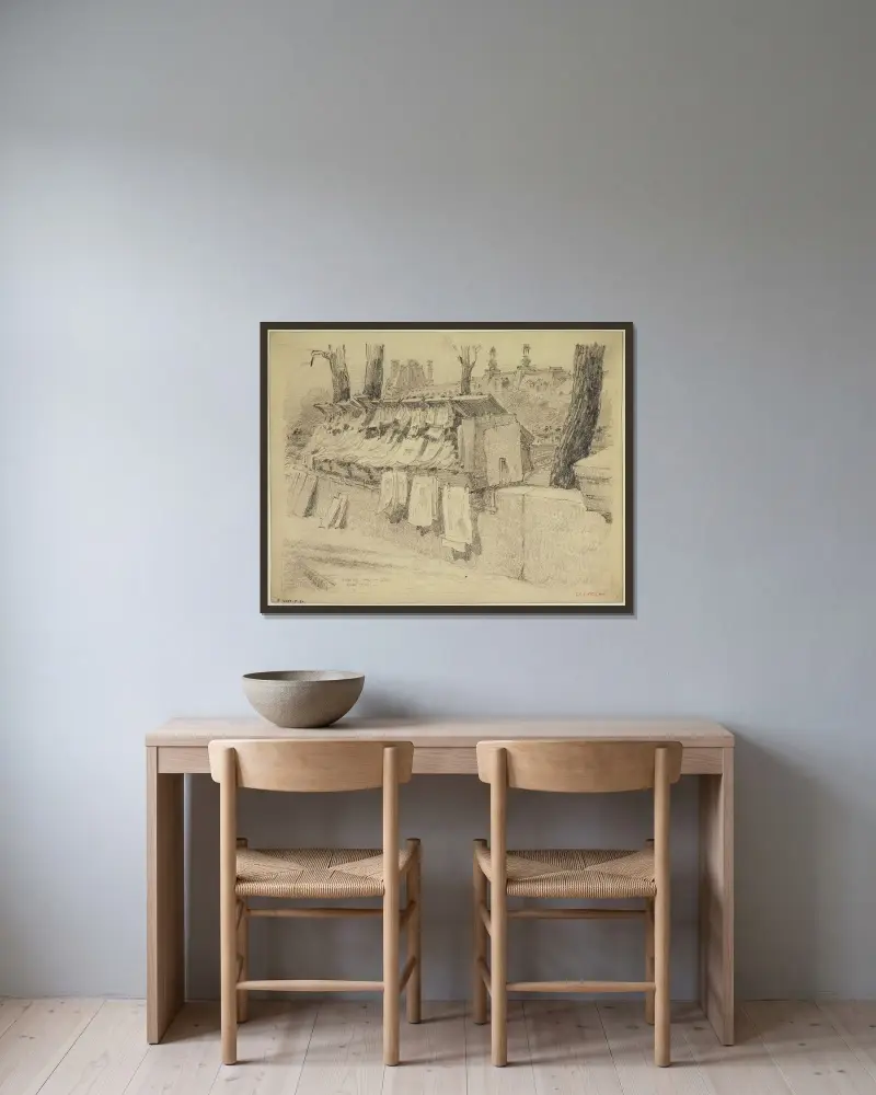 Utställning hos en konsthandlare, quai Conti av Ferdinand Boberg inramad på en vägg