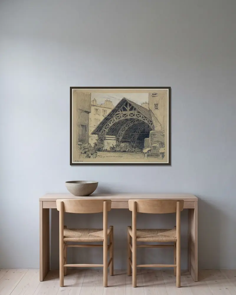 La cour du 64 rue Montorgueil av Ferdinand Boberg inramad på en vägg