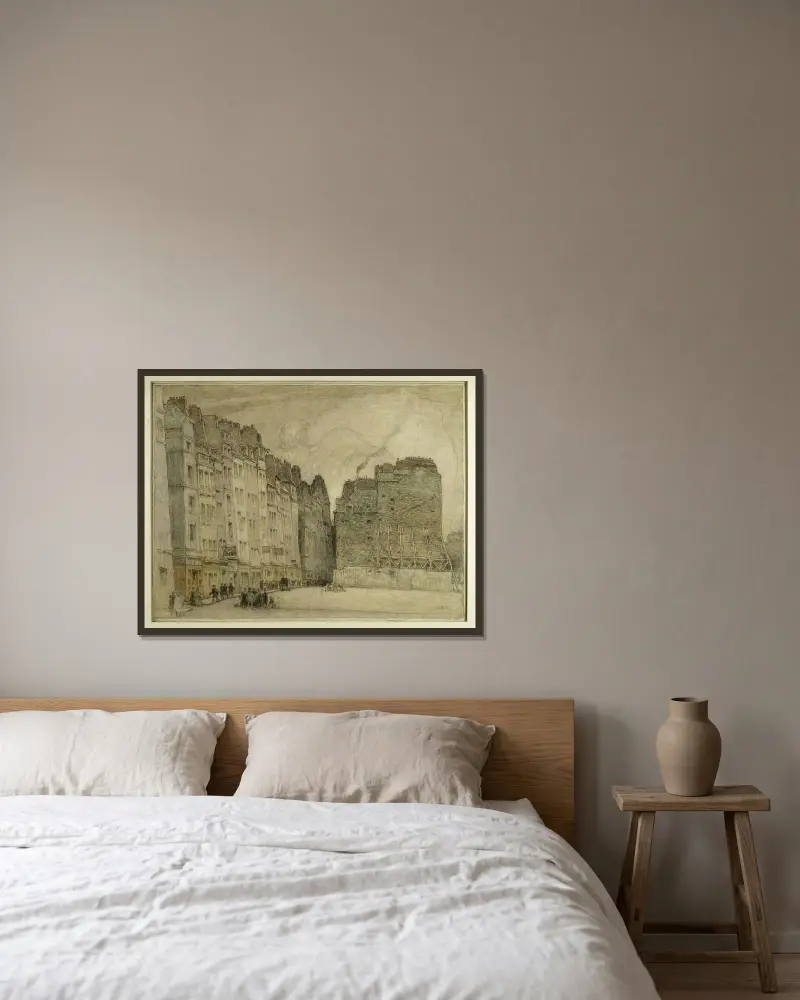 Rue Miron efter rivningen av husen i gamla Paris av Ferdinand Boberg inramad på en vägg