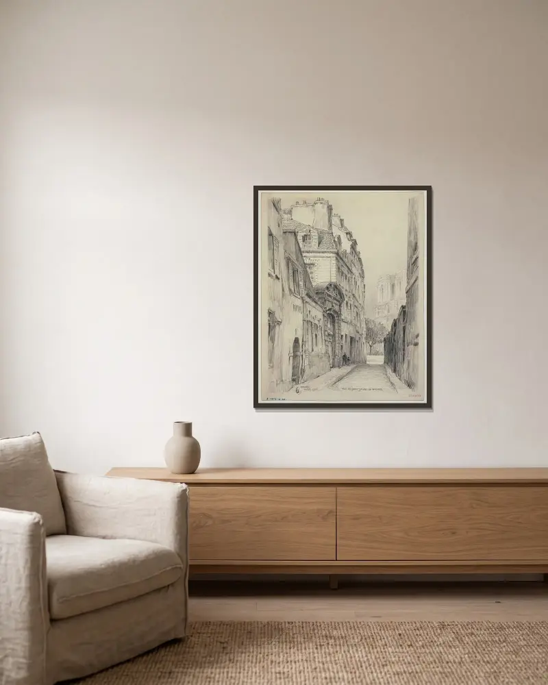 Rue Saint-Julien-le-Pauvre av Ferdinand Boberg inramad på en vägg