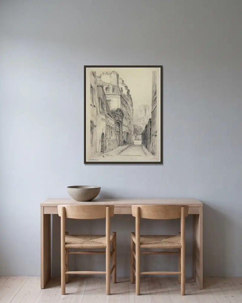 Rue Saint-Julien-le-Pauvre av Ferdinand Boberg inramad på en vägg