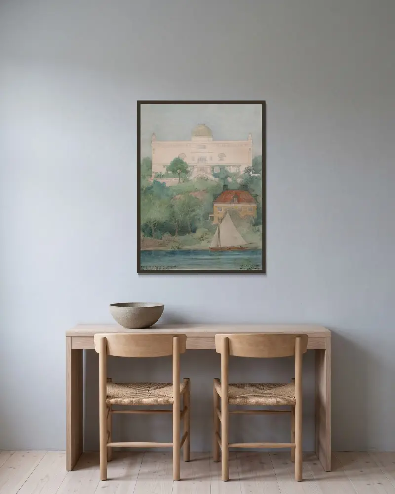 Skiss till byggnad för Thiels galleri av Ferdinand Boberg inramad på en vägg