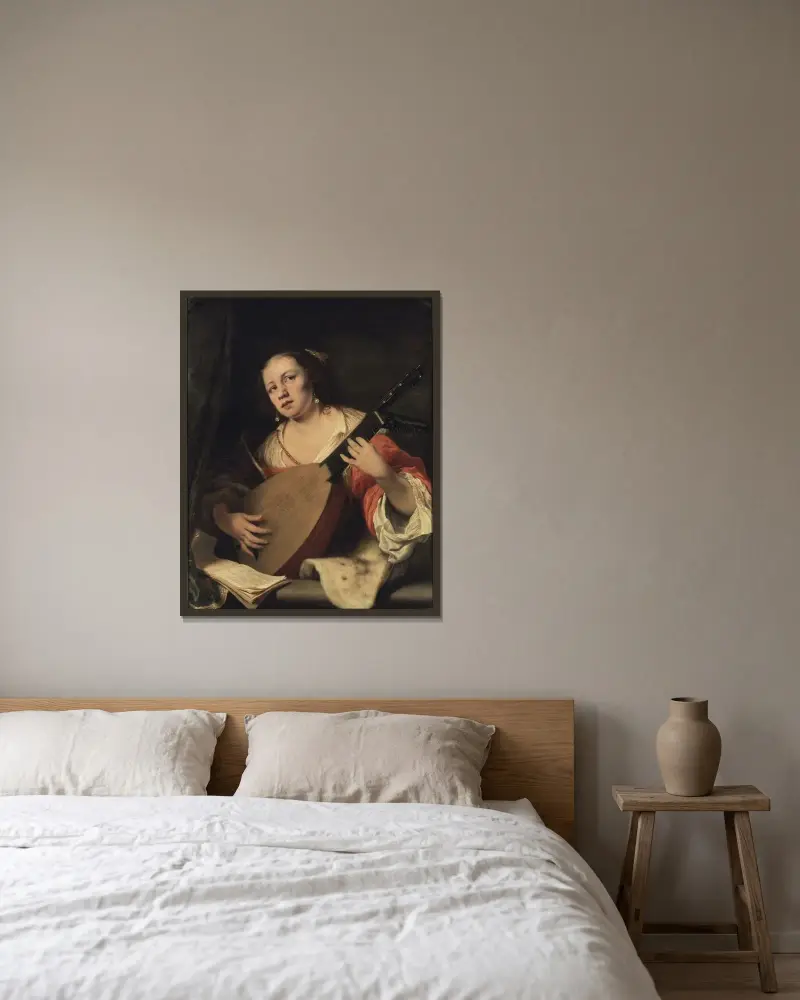 En dam som spelar luta av Ferdinand Bol inramad på en vägg
