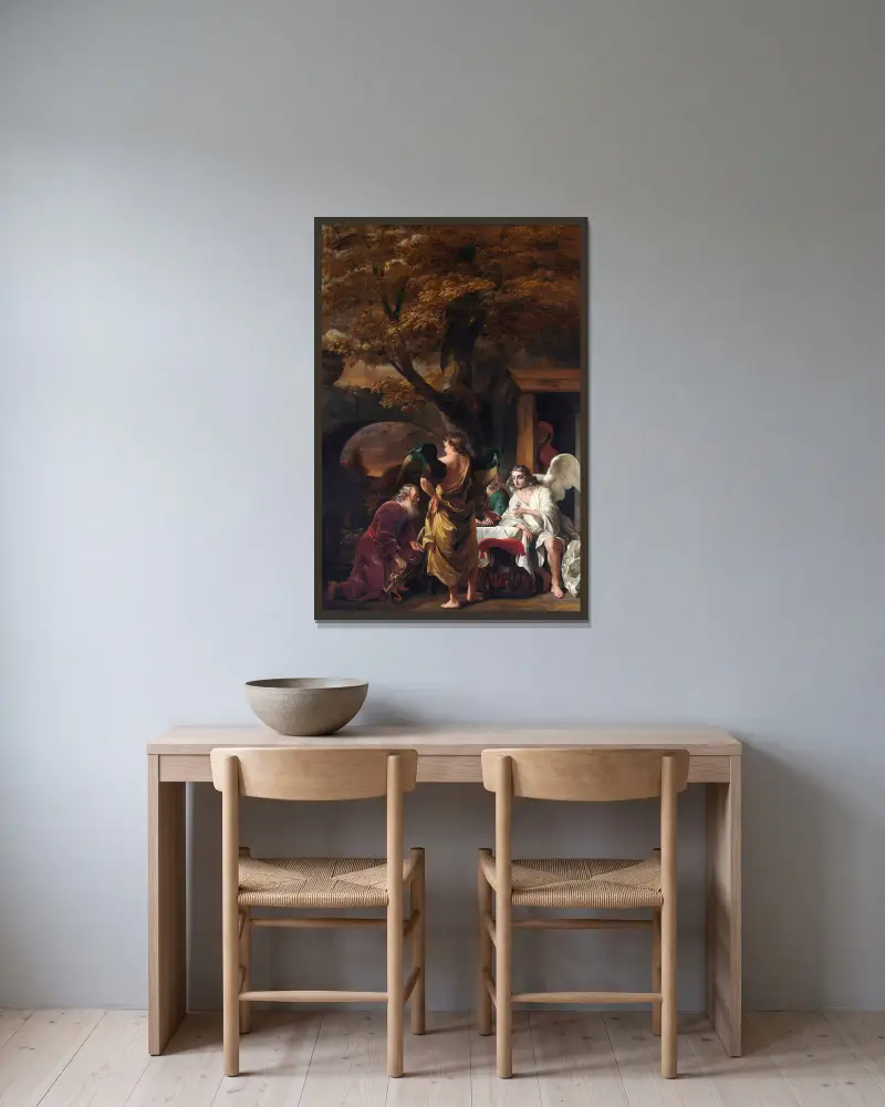 Abraham Entertaining the Three Angels av Ferdinand Bol inramad på en vägg