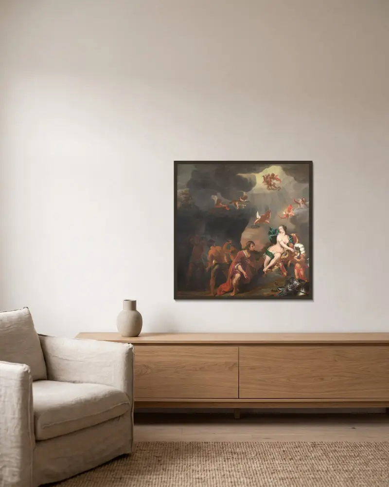 Aeneas Receiving a New Set of Armour from Venus av Ferdinand Bol inramad på en vägg