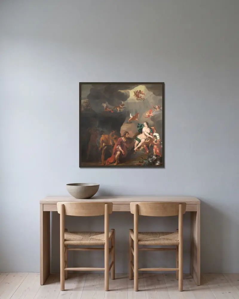 Aeneas Receiving a New Set of Armour from Venus av Ferdinand Bol inramad på en vägg