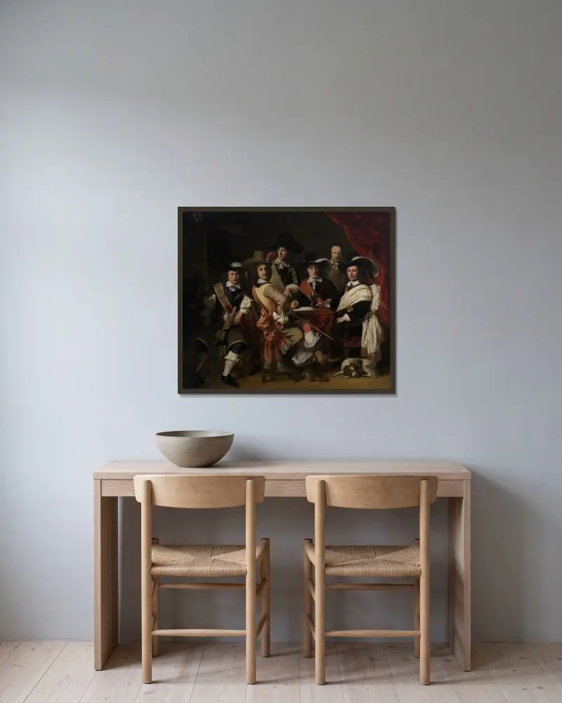 Krigsrådet hos Goudas skyttegille under överste Govert Suijs av Ferdinand Bol inramad på en vägg