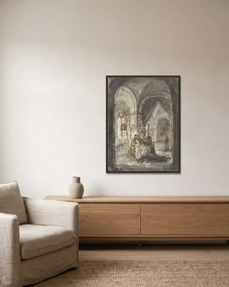 En nunna sitter vid altaret i en kyrka av Ferdinand Bol inramad på en vägg