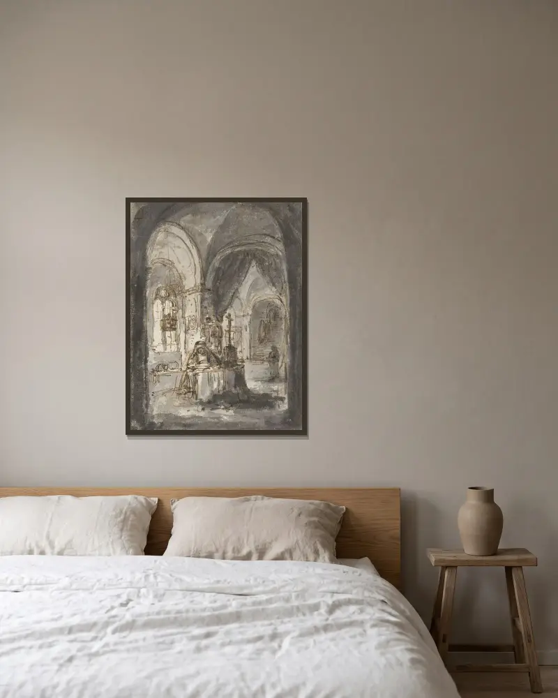 En nunna sitter vid altaret i en kyrka av Ferdinand Bol inramad på en vägg