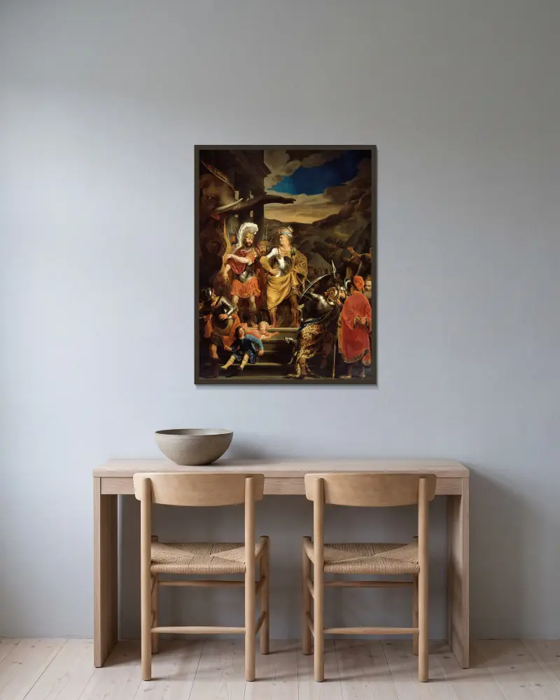 Fabritius and Pyrrhus av Ferdinand Bol inramad på en vägg