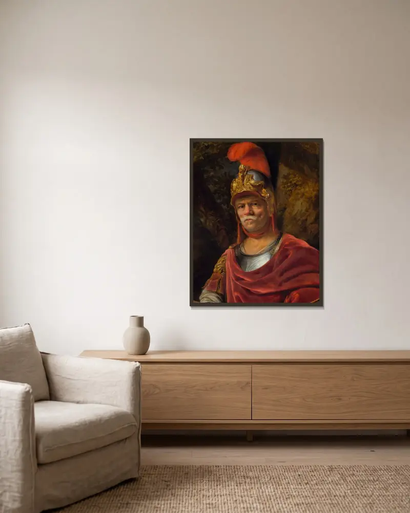 Man i gyllene hjälm (Mars) av Ferdinand Bol inramad på en vägg