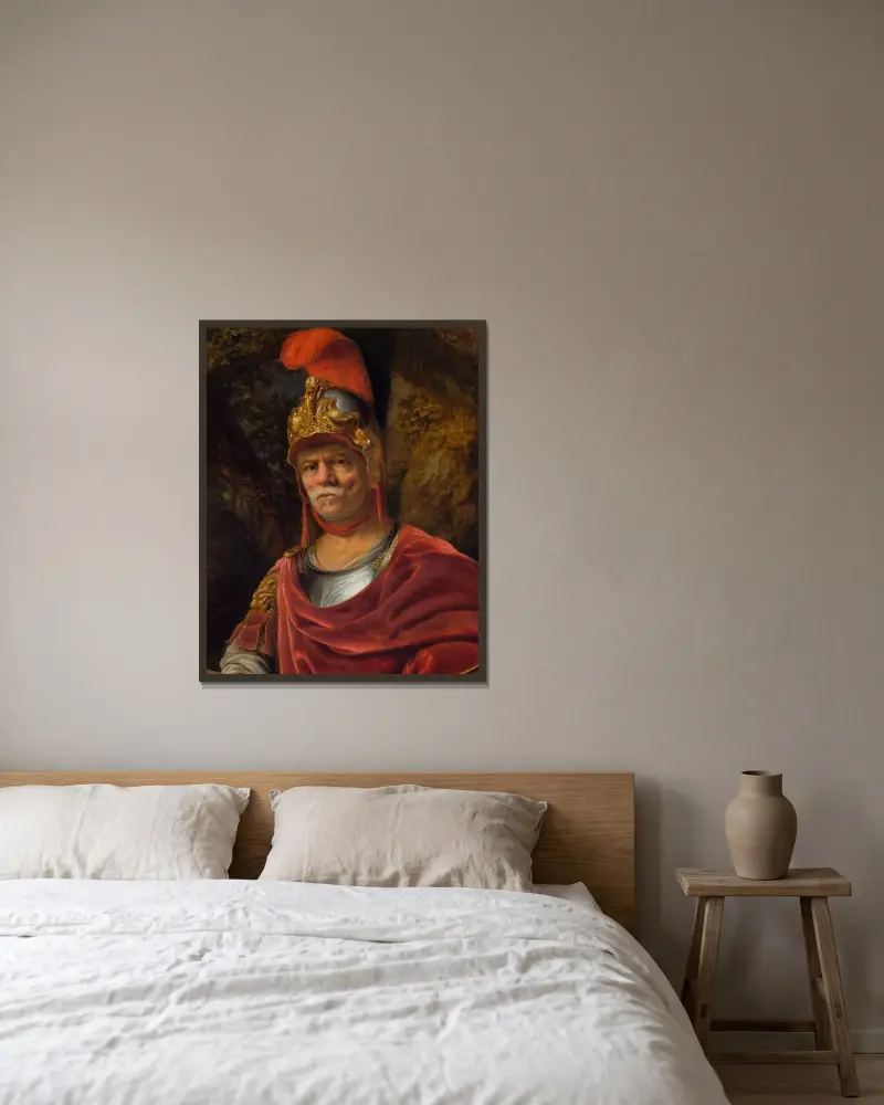 Man i gyllene hjälm (Mars) av Ferdinand Bol inramad på en vägg